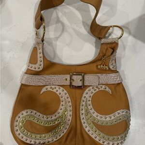 Babee D Vintage Chunky Tan and Gold Leather Shoulder Bag Y2K
